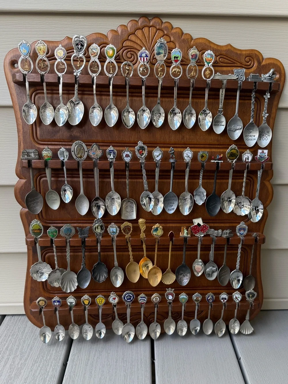 64 Vintage & Collectible Souvenir Travel Spoons + Wooden Display Rack